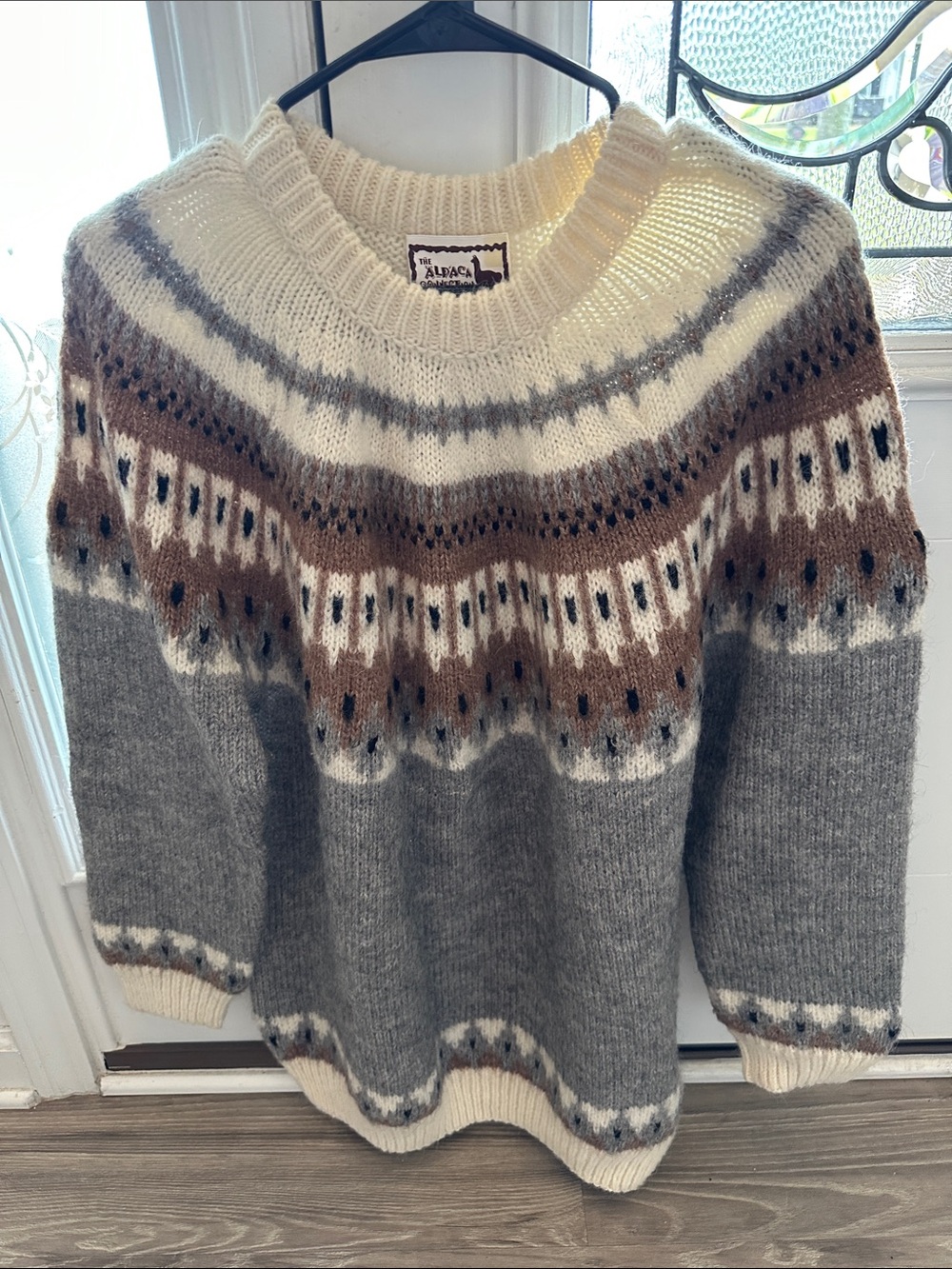 Alpaca Fair Isle Crewneck Sweater - Gray, Cream & Brown